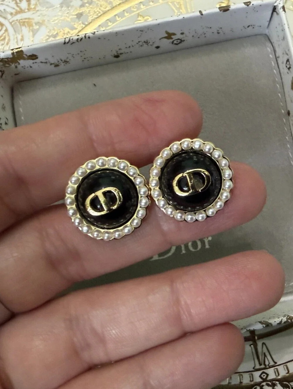 Dior Black Pearl-Trim CD Earrings